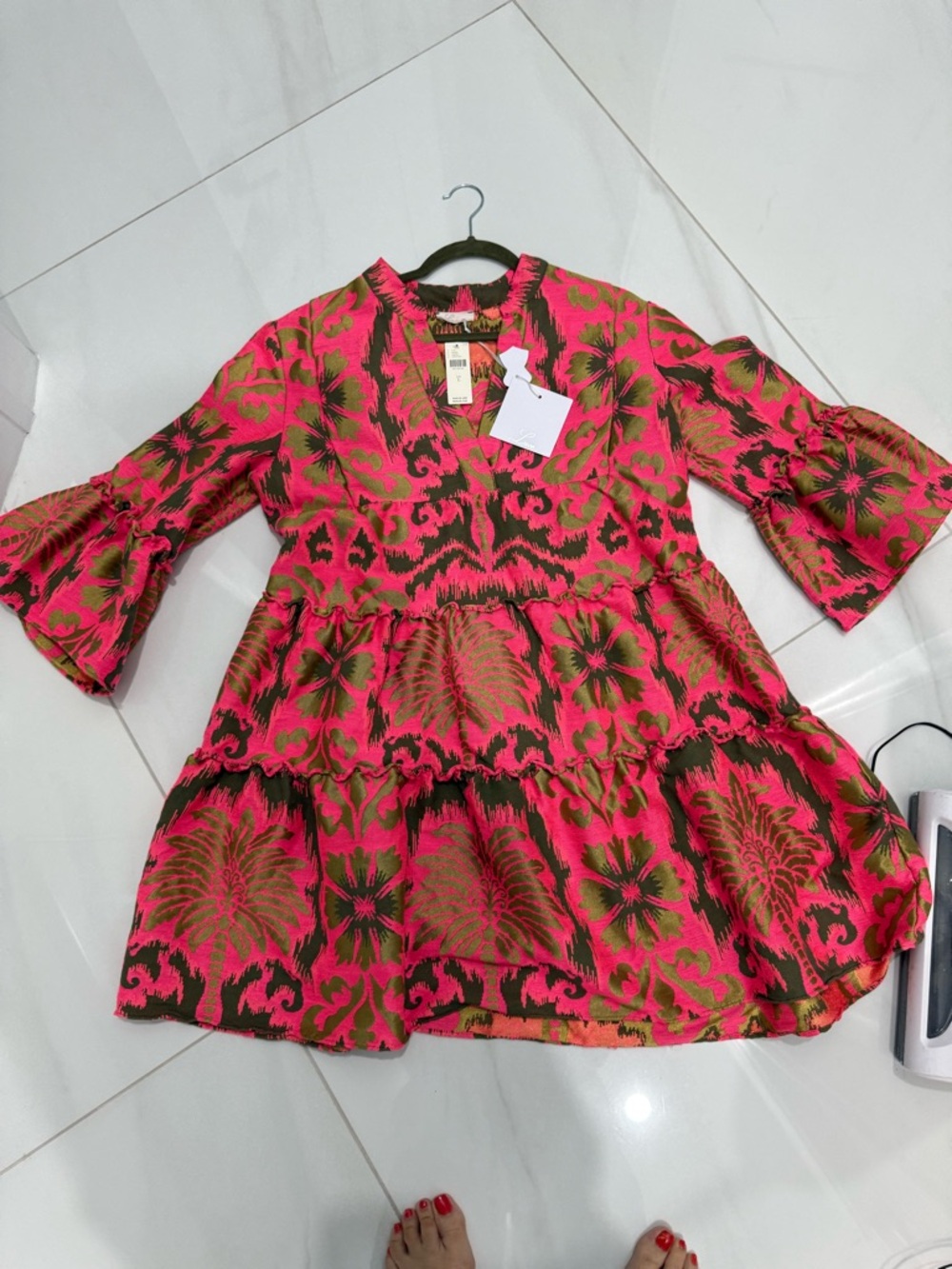 Anthropologie Hot Pink and Olive Floral Jacquard Tiered Mini Dress